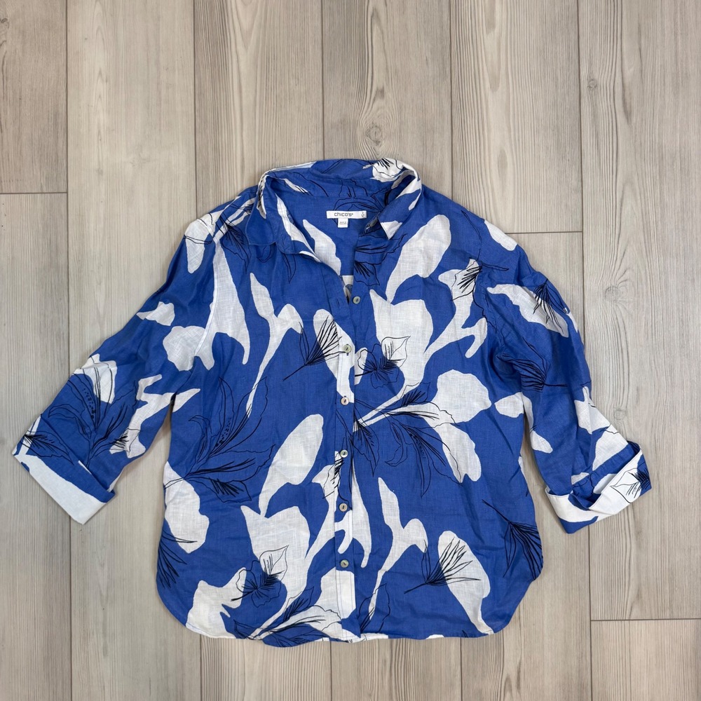 Chicos Blue White Floral 100% Linen Button Down Shirt Size 2 Large 570346223